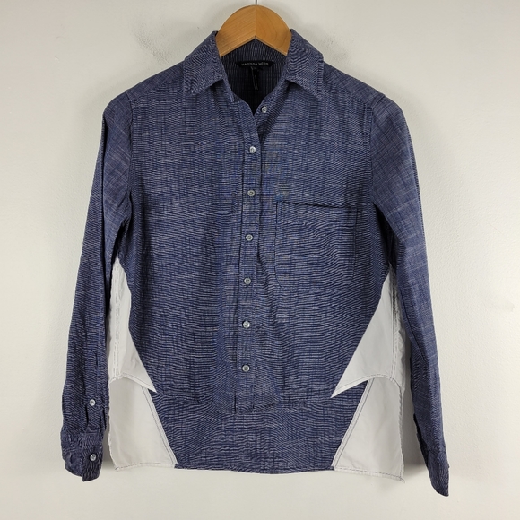 Marissa Webb Tops - Marissa Webb Chambray White Colorblock Long Sleeve High Low Button Up Top